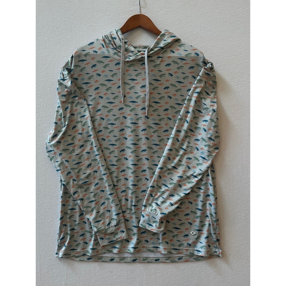 Burlebo Mens XL Performance Hoodie Fly Fishing Lure Print Sun Shirt Gray